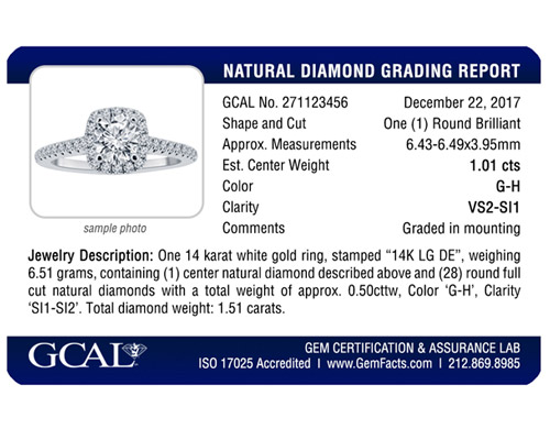 GCAL Diamond Jewelry Report Card